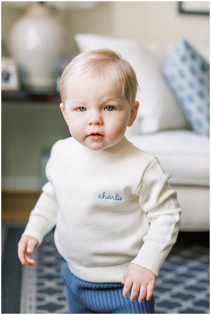 Dc Milestone Photographer - One Year Old Boy Standing Up In Living Room