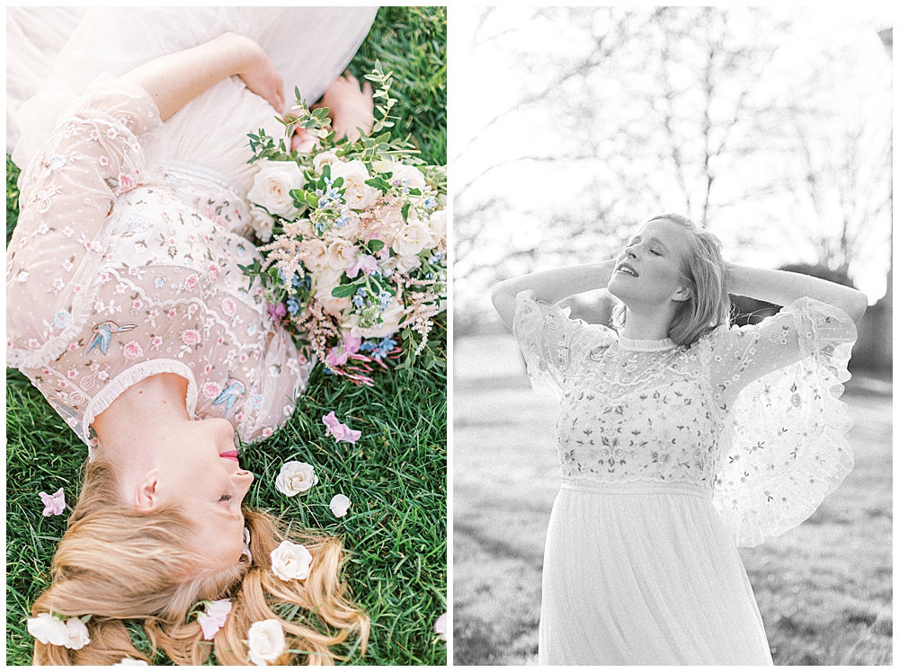 Maternity Photographer In Northern Virginia | Pregnant Woman Lays Down With Flowers At The Great Marsh Estate