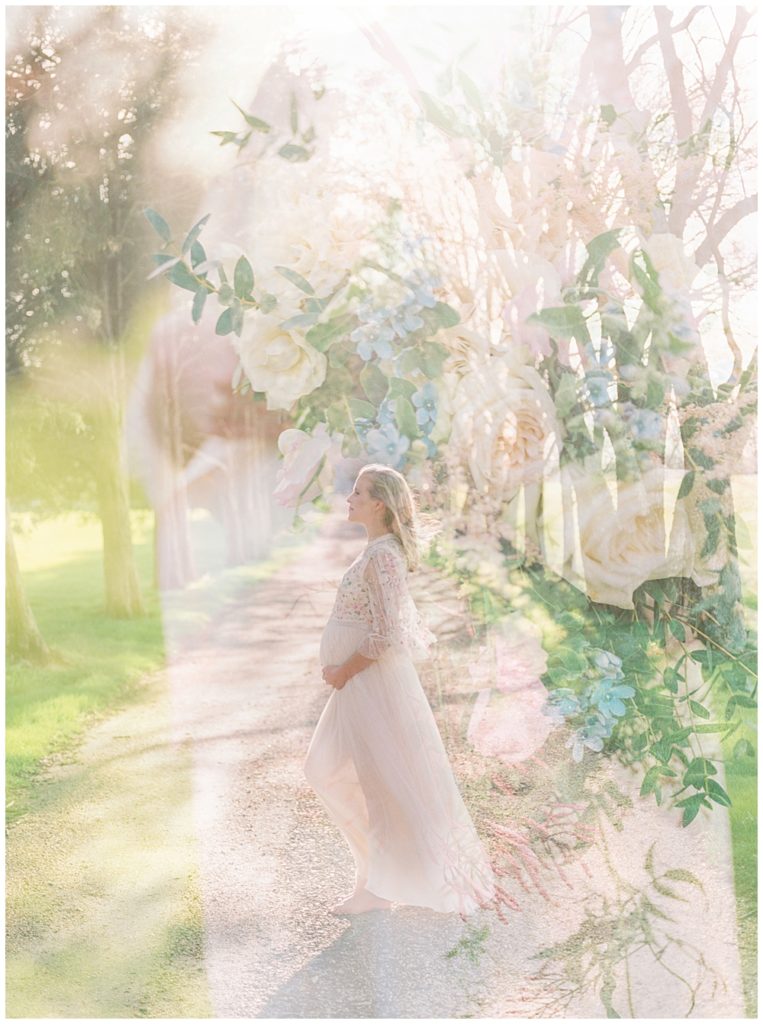 Double Exposure Of Florals And Pregnant Mother During The Great Marsh Estate Maternity Session In Northern Virginia