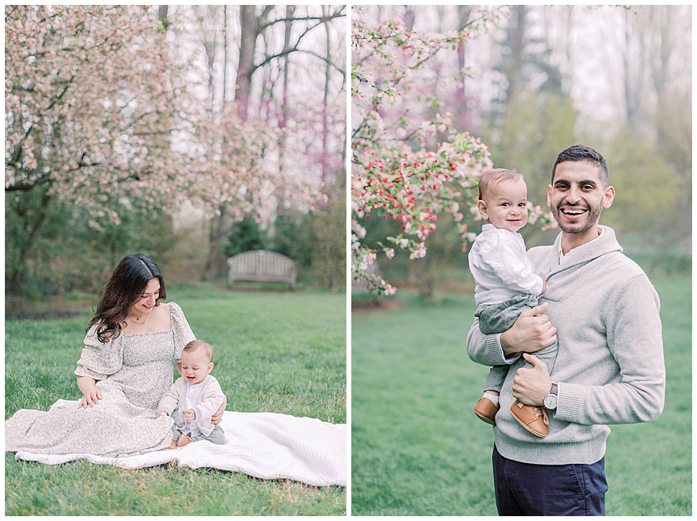 Parents With Their Baby Boy During A Maryland Family Photo Session In Brookside Gardens.