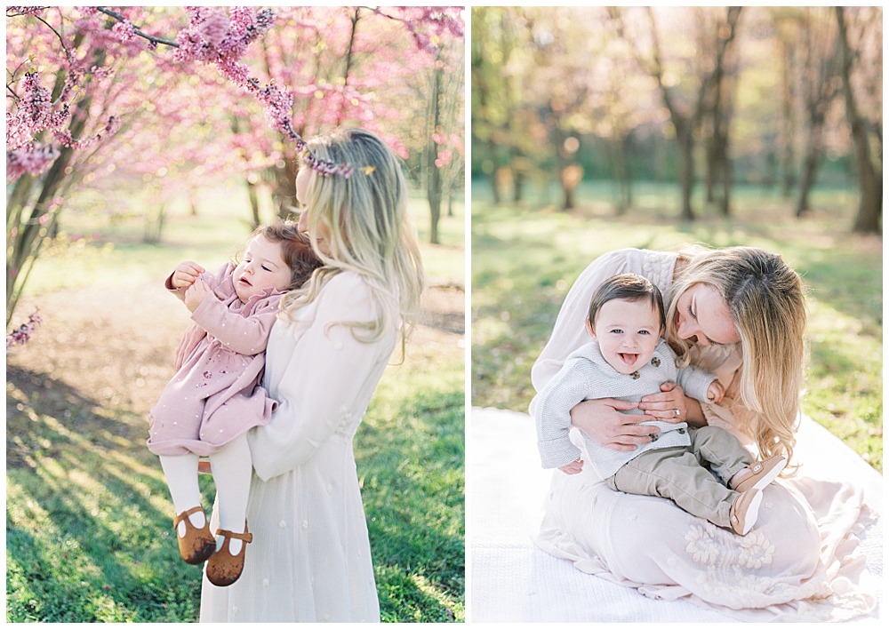 Mother Holds Her Son And Daughter By The Cherry Blossoms At The National Arboretum 