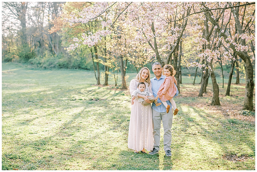 Mother, Father, Daughter, And Son Stand Near The National Arboretum Cherry Blossoms