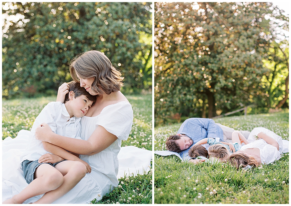 Family Sits In A Field At Mulberry Fields In Southern Maryland