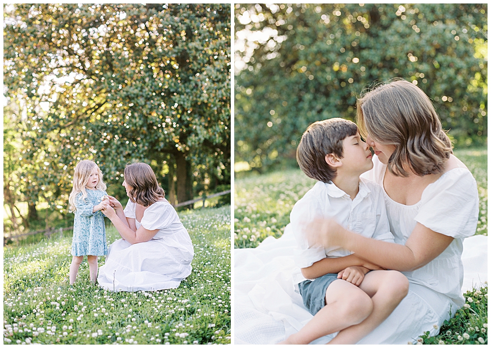 Mother And Her Children Sit Together In A Field