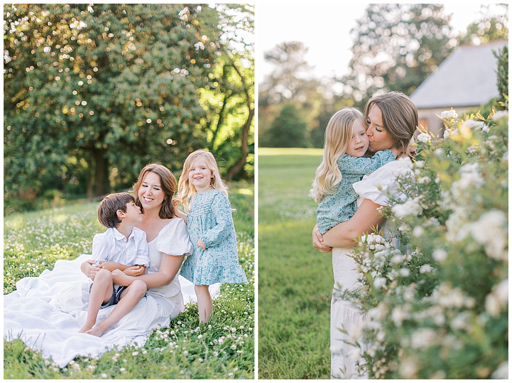 Mother Caresses Her Children During Their Family Photo Session At Mulberry Fields | Family Photographers In Maryland