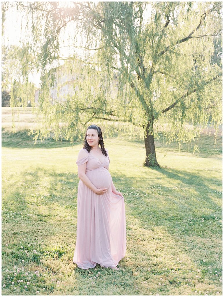 Woman Stands Near A Willow Tree During Her Maryland Maternity Session