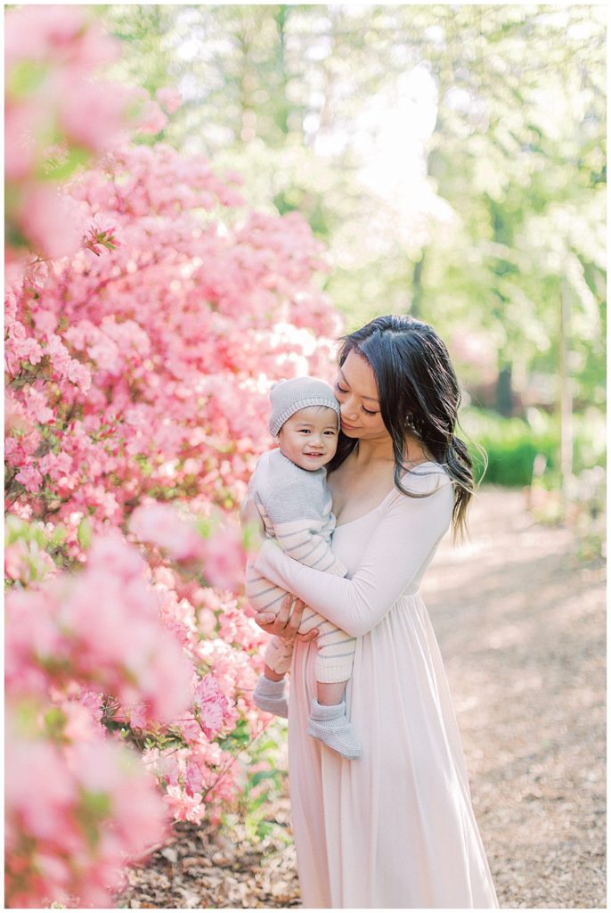 Washington, D.c. Family Photographer | Mother Holds Her Infant Son Near The Pink Azaleas At Brookside Gardens