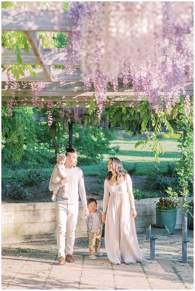 Family Photographer Maryland | Other, Father, And Two Sons Walk Under The Wisteria At Brookside Gardens