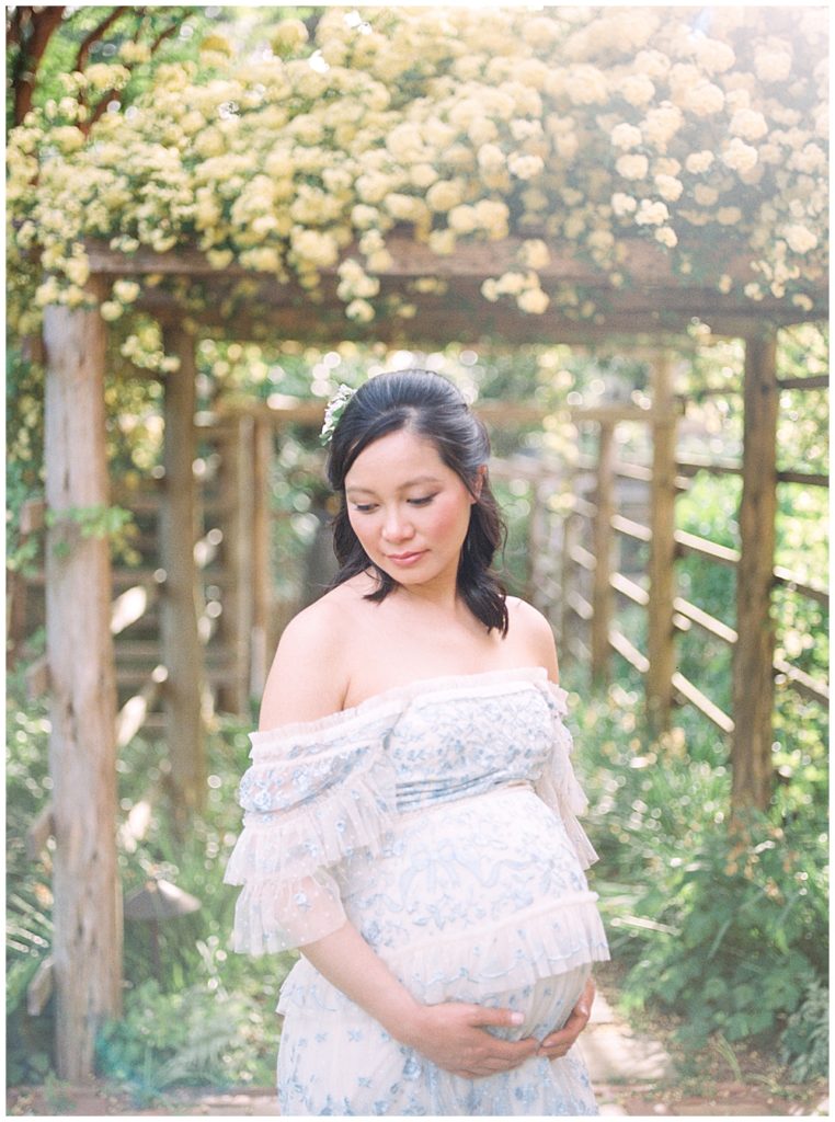 Washington Dc Maternity Session At Tudor Place | Pregnant Woman Stands In Front Of Floral Arch At Tudor Place In Washington, D.c.