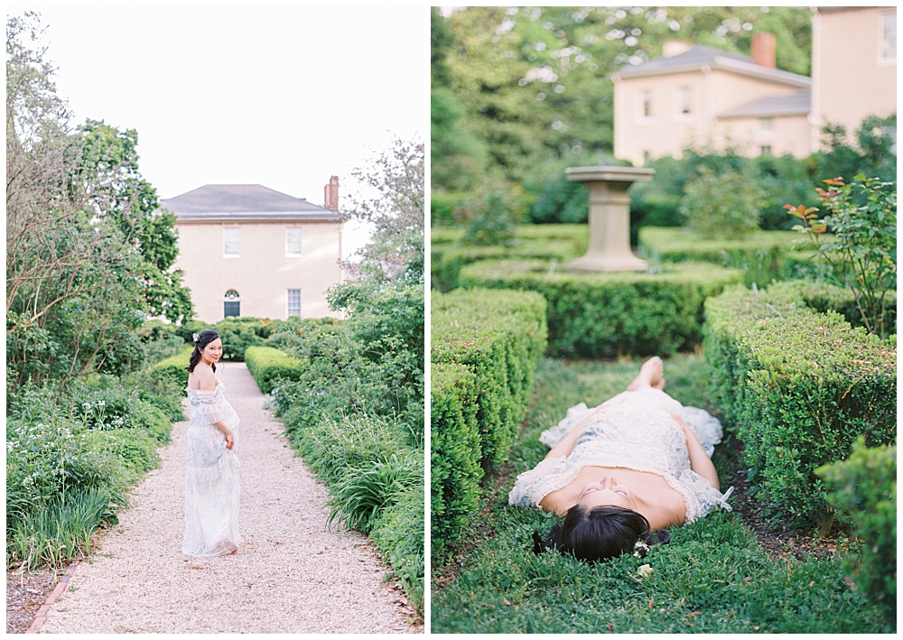 Woman Walks And Lays Down In Tudor Place During A Maternity Session