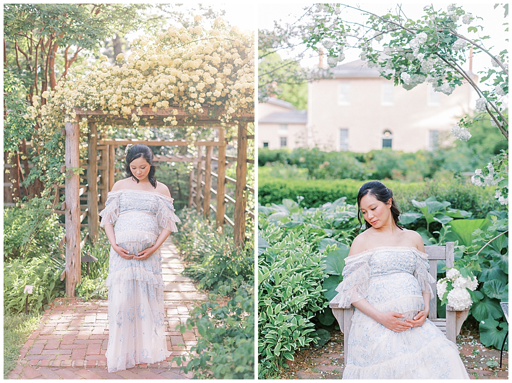 Woman Stands And Sits In Gardens At Tudor House During Dc Maternity Session