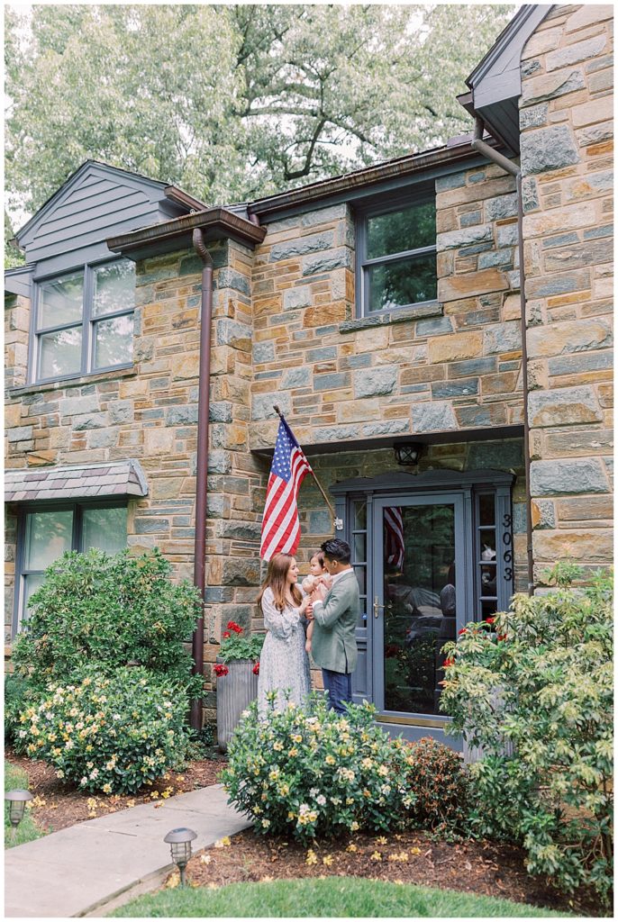 Mother And Father Stand In Front Of Their Arlington Home During Their Nova Family Session