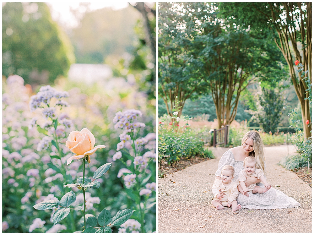 Mother sits with her babies in a garden