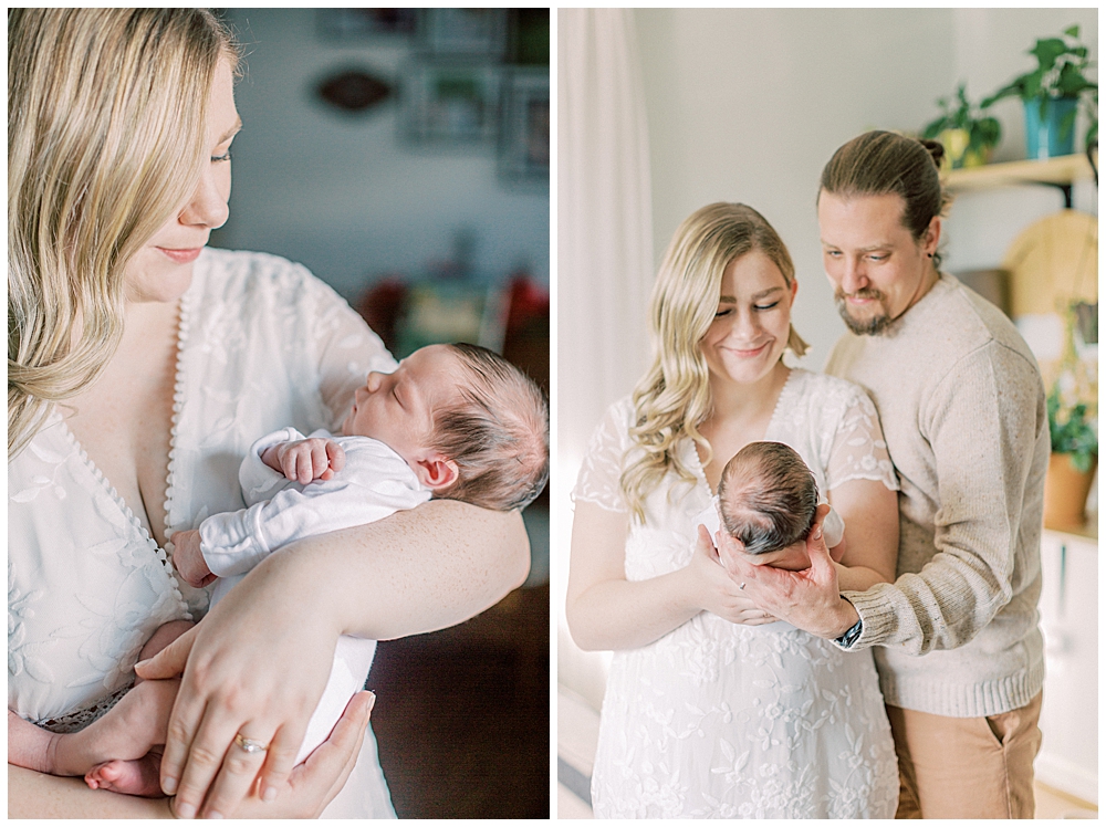 A Newborn Session In Arlington With Two Parents Holding And Smiling At Their Newborn Baby