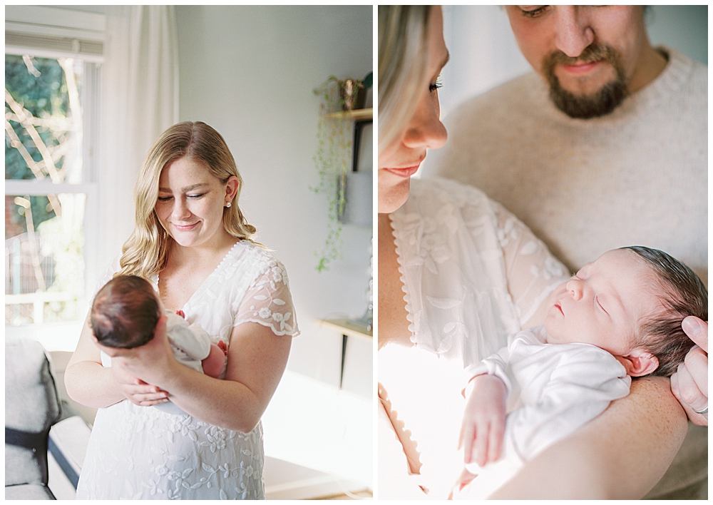 A Mother And Father Hold Their Baby Girl During Their Arlington Newborn Session