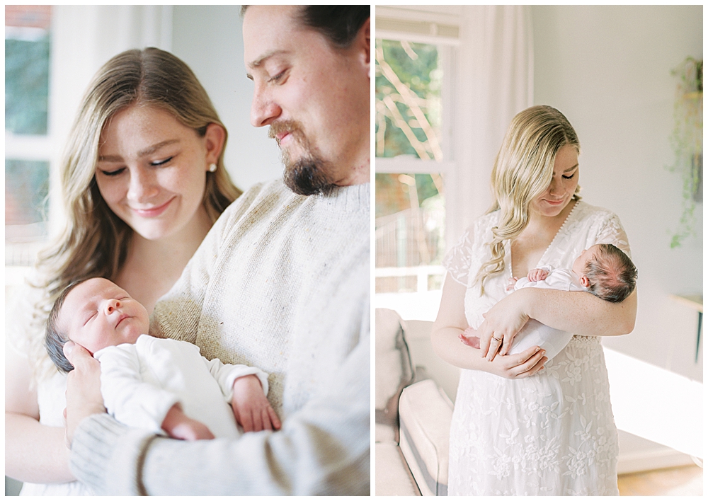 New Parents Smile At Their Newborn Baby Girl During Their Northern Virginia Newborn Photography Session