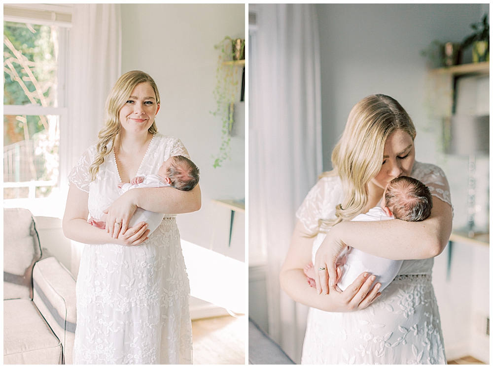 A Blonde Mother Holds Her Newborn Baby And Smiles And Kisses The Baby's Head