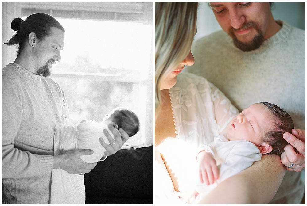 Father And Mother Hold Their Newborn And Smile And Caress The Baby's Head