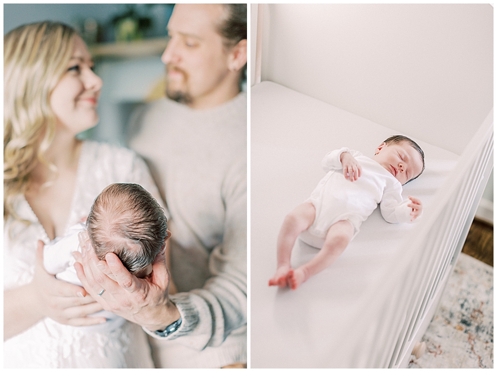 New Parents Look At One Another And Smile While Holding Their Newborn