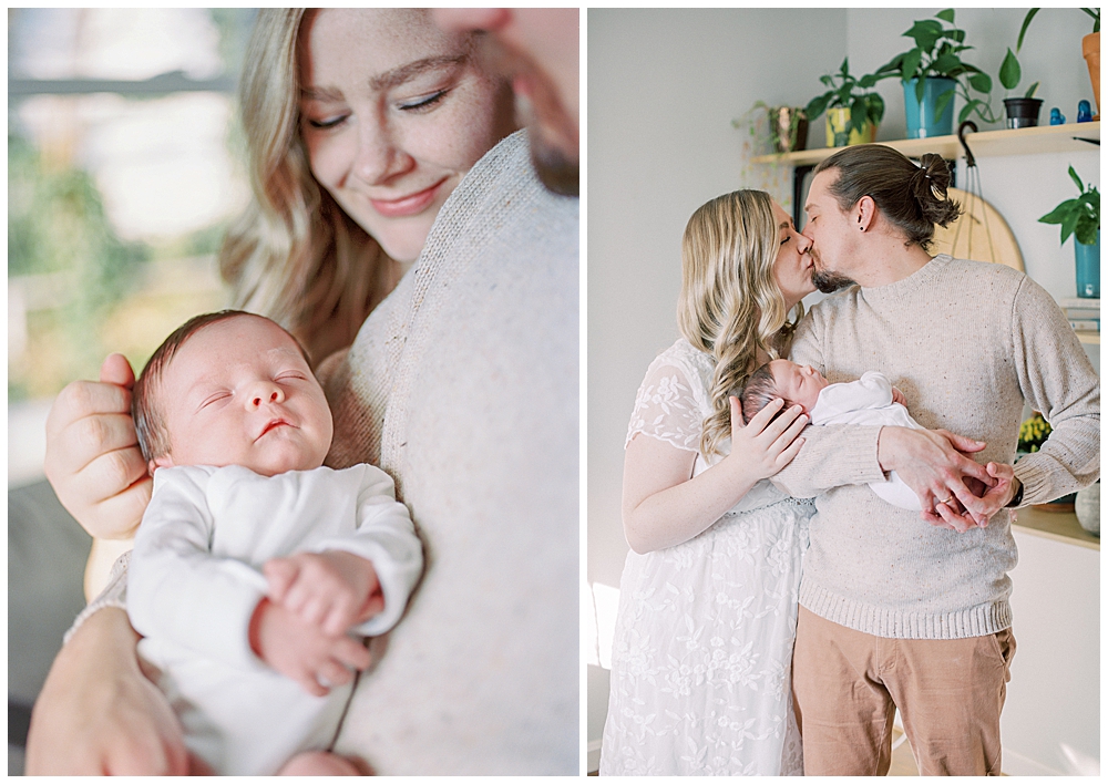 A Newborn Session In Arlington With A Mother And Father Holding Their Baby Girl And Kissing One Another