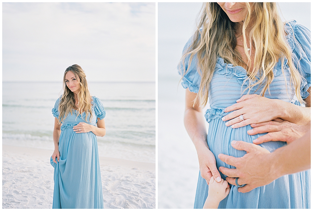 Mother Stands On The Beach While Her Sons And Husband Each Place A Hand On Her Pregnant Belly