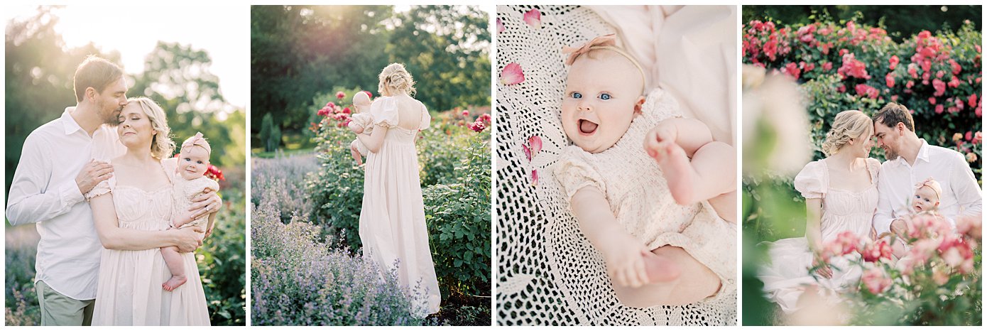 A Collage Of Four Images From A Family Photo Session At Bon Air Rose Garden.