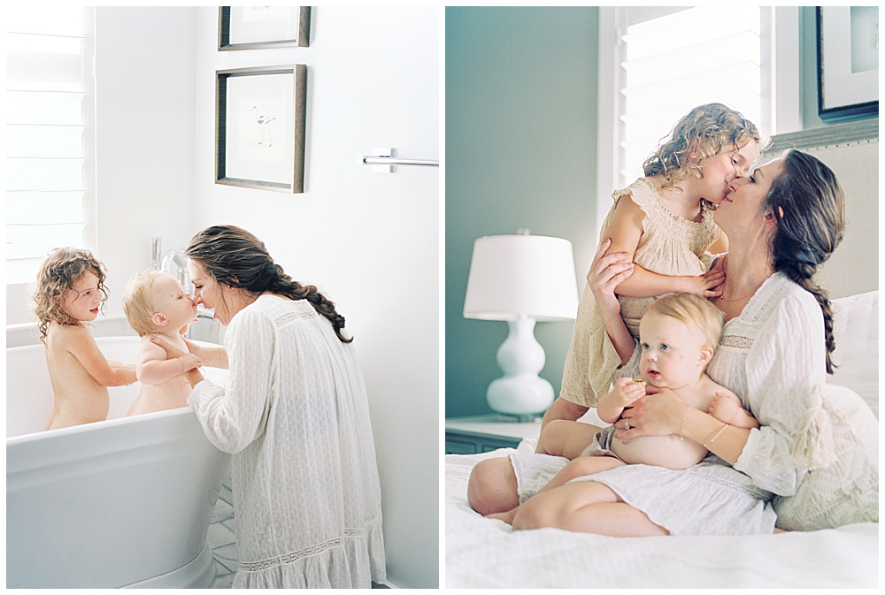 A Mother Cuddles Her Two Young Children On The Bed And In The Bath During Their Lifestyle Family Session At Home