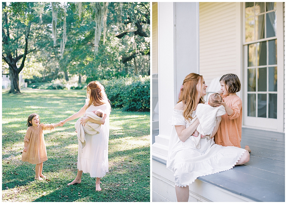 A Mother And Daughter Interact With The Mother's Newborn Baby During Their Newborn Session Outside