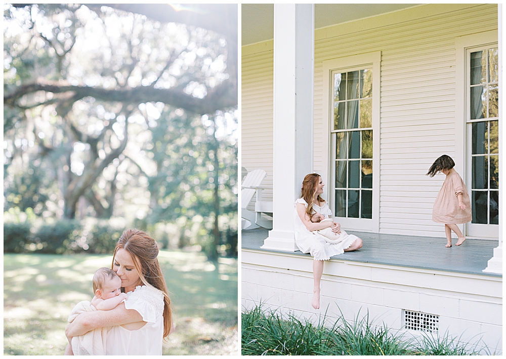 A Mother Holds Her Newborn Baby On The Porch And Outside In Park During Her Outdoor Newborn Session