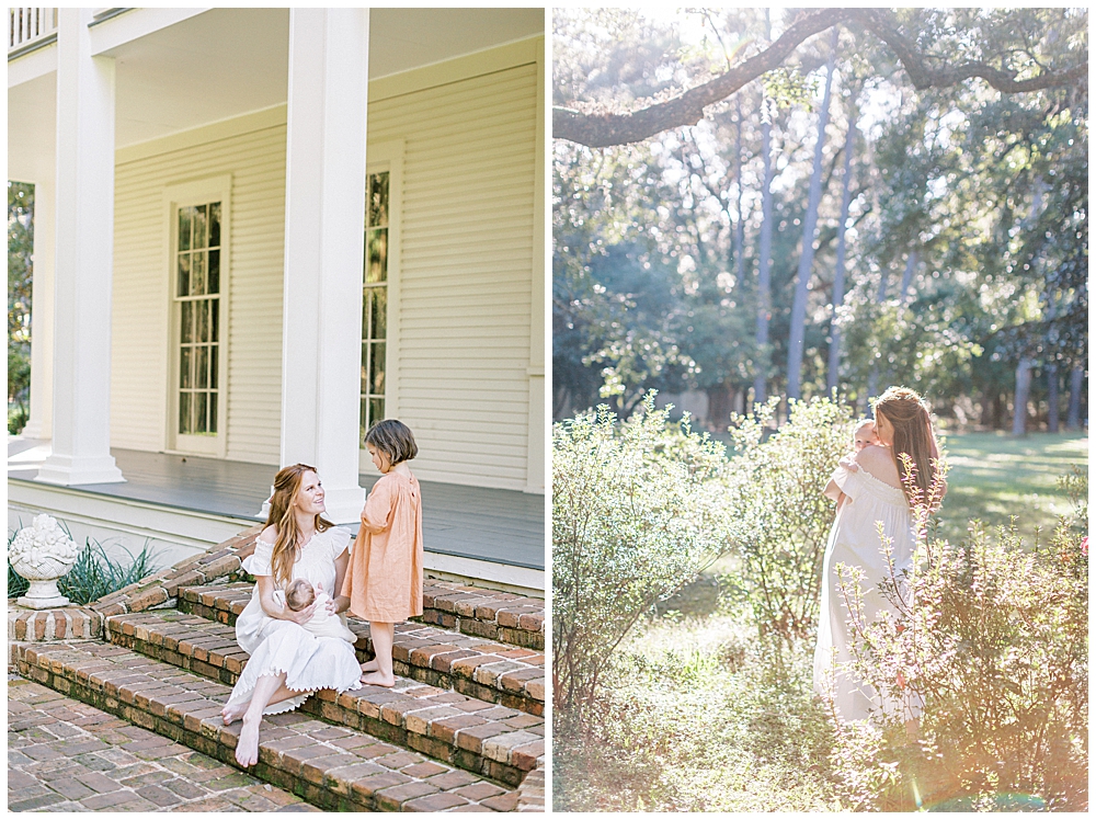 Two Pictures Of A New Mom Holding Her Newborn Baby Boy Outside During Her Outdoor Newborn Session