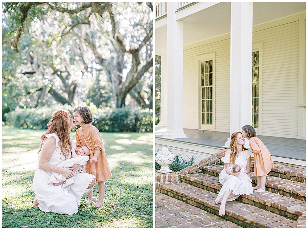 A Little Girl Kisses Her Mother's Head During Their Outdoor Newborn Session