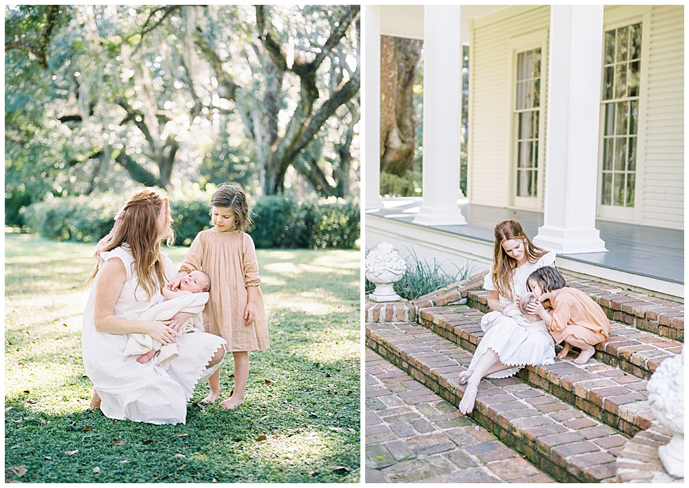 A Little Girl Caresses Her Baby Brother While Her Mother Holds The Baby During Their Outdoor Newborn Session