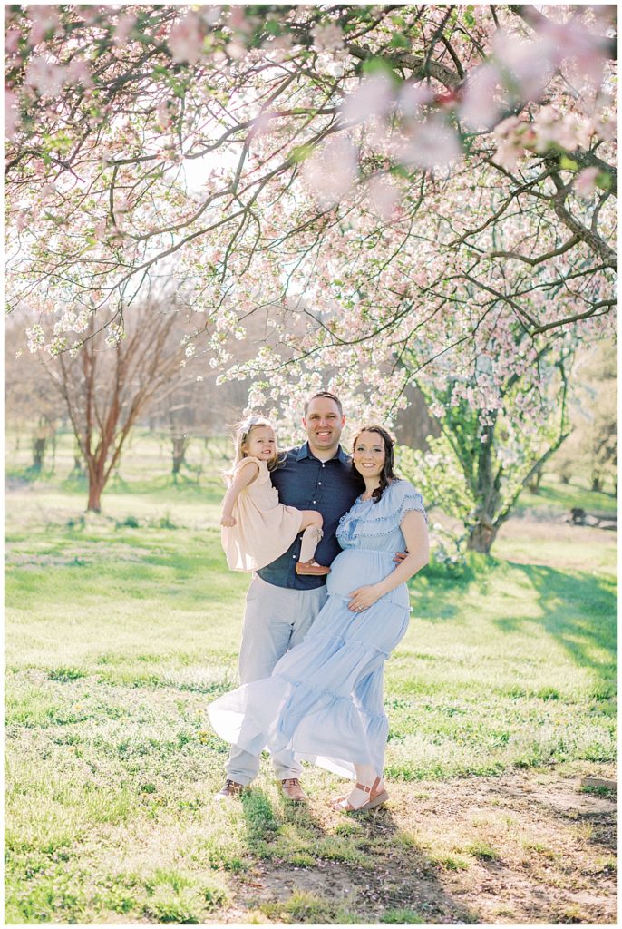 A Mother, Father, And Toddler Daughter Stand And Smile During Their Photo Session At The National Arboretum Cherry Trees