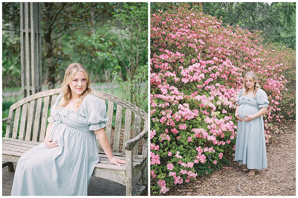 A Blonde Mother Wears A Green Doen Dress During Her Maternity Session At Brookside Gardens.