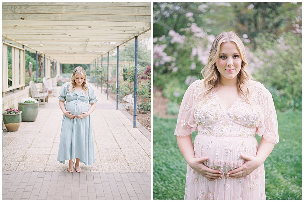 A Pregnant Mother Wears A Green Doen Dress And A Pink Needle &Amp; Thread Dress In Brookside Gardens.