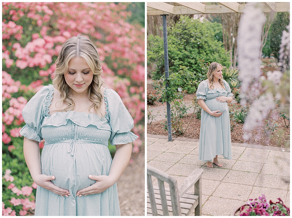 A Blonde Pregnant Mother In A Green Doen Dress Has Her Maternity Session In Brookside Gardens.