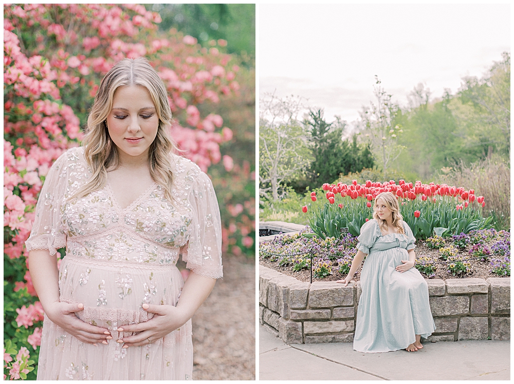 A Blonde Mother Wears A Pink Dress And A Green Dress During Her Garden Maternity Session At Brookside Gardens In Spring.