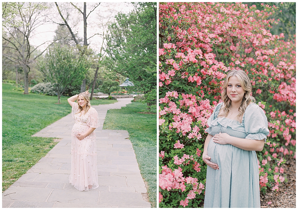 A Garden Maternity Session In Brookside Gardens With A Pink Pregnant Mom In A Pink Dress And Green Dress