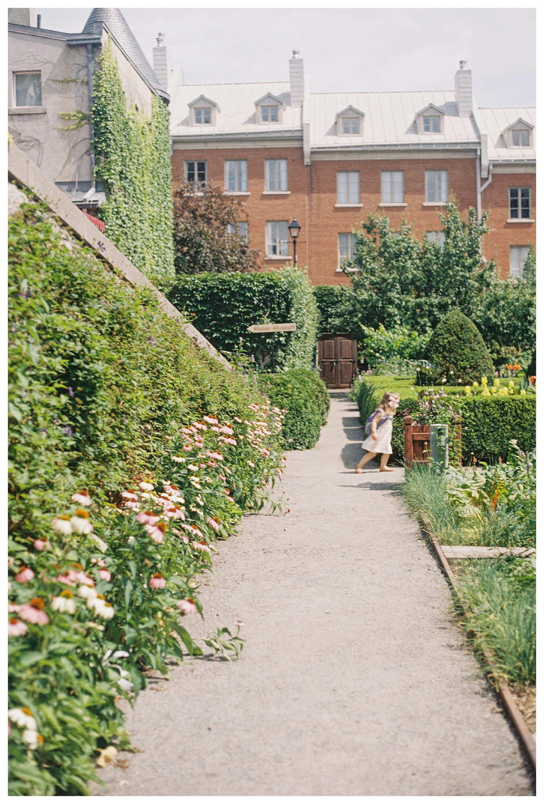 Toddler Girl Runs Through A Garden In Montreal, Canada.