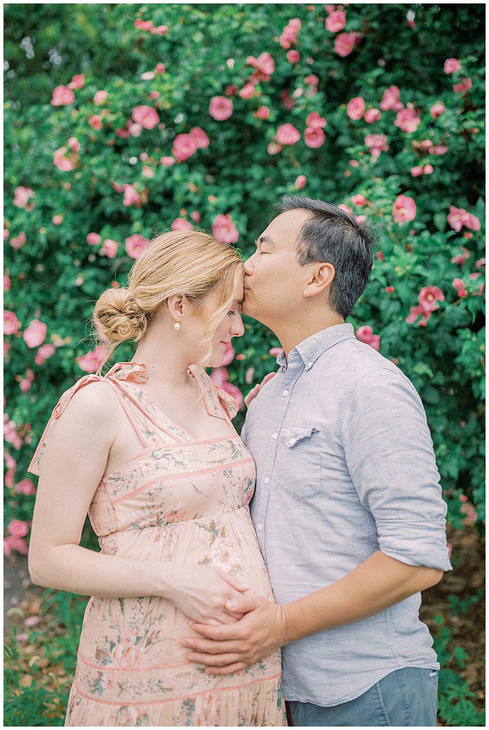 Father Kisses His Pregnant Wife's Forehead During Their National Arboretum Maternity Session In Front Of A Rose Bush.