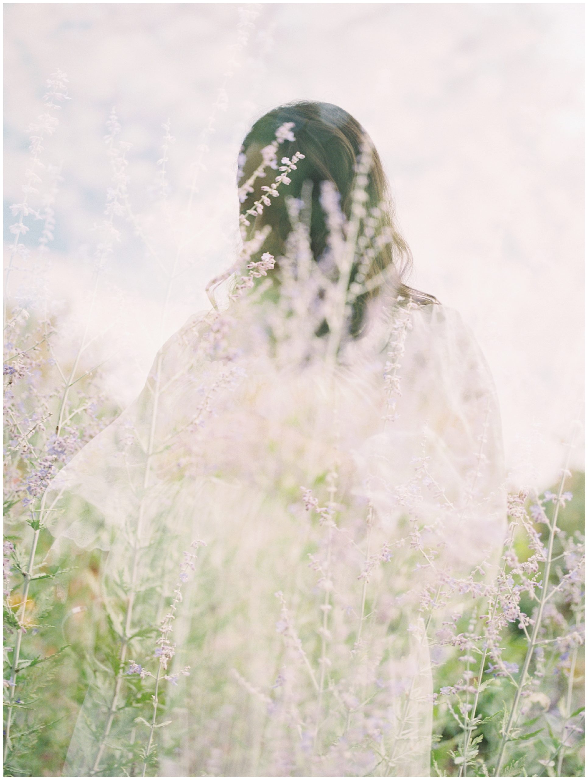 Double Exposure Of Pregnant Mother And Purple Flowers During Floral Maternity Session.