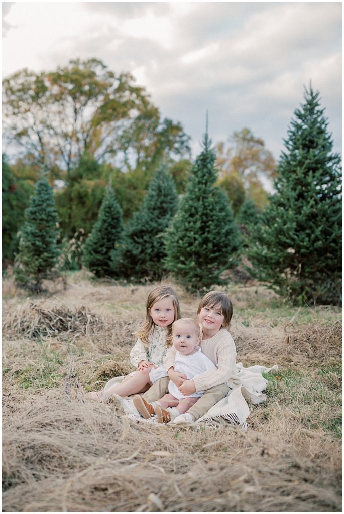 Three Young Children Sit On Blanket And Smile During Christmas Tree Farm Mini Sessions At Butler's Orchard.