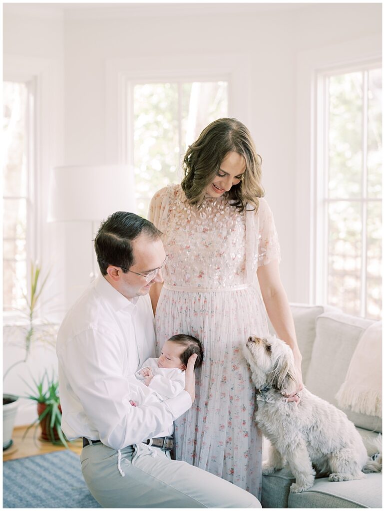 Father Kneels Down To The Couch Holding Baby Girl While Mother Stands Next To Him Petting Their Dog On The Couch During Their Arlington, Virginia Newborn Session.