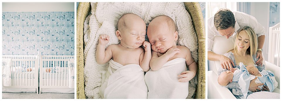 A Collage Of A Chevy Chase Newborn Session With Twin Baby Boys In A Blue Nursery.