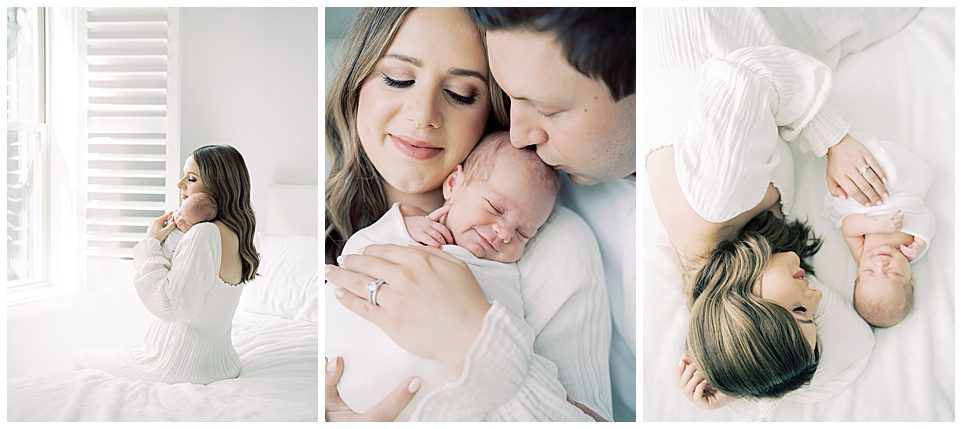 A North Bethesda Newborn Session With A Mom With Long Brown Hair In A White Dress And A Newborn Swaddled In White.