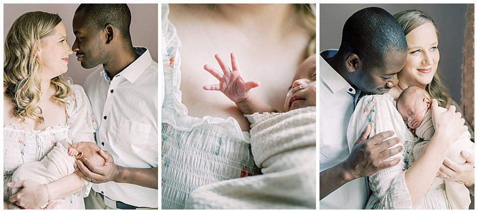 Three Images Next To One Another Of A Mixed-Race Couple During Their Newborn Session.