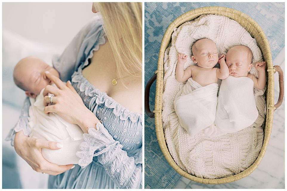 Two Images Side-By-Side, One Of A Newborn Baby Held By His Mother And The Other Of Twin Babies Swaddles In A Moses Bases On A Blue Carpet.