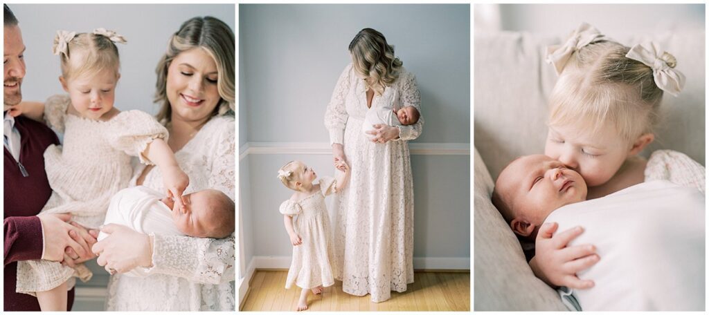 Collage Of Three Photos Of Mom, Dad, And Big Sister With Newborn Baby.