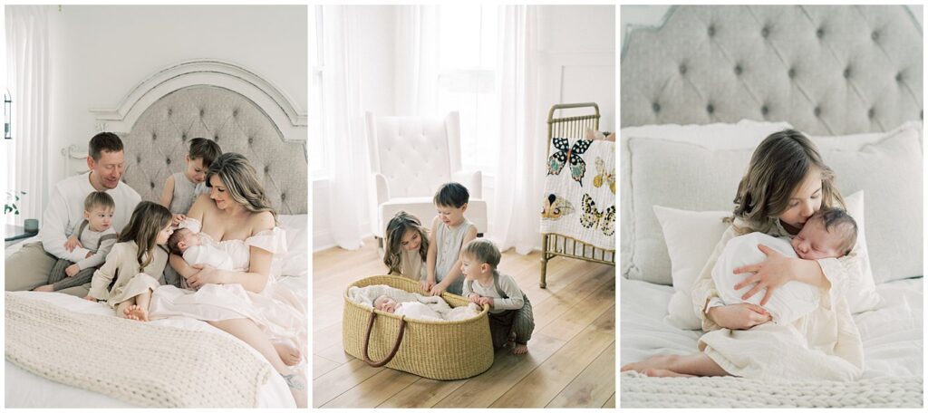 Collage Of Three Images Of Three Older Siblings Welcoming Their Newborn Sister.