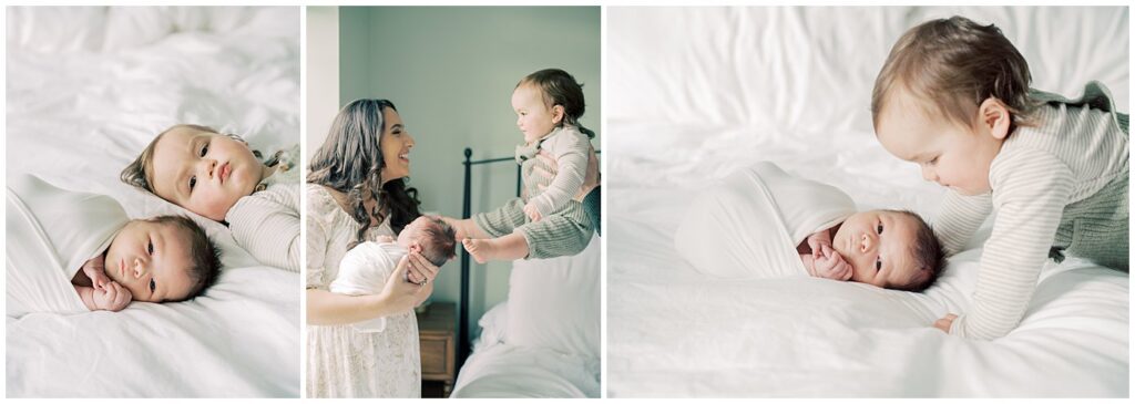 Collage Of Three Images Of Toddler Boy And Baby Sister.